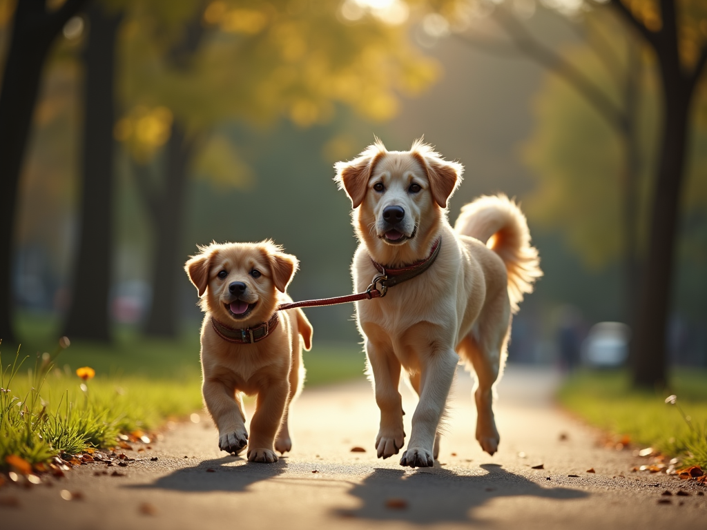 Two happy dogs on leashes walk on a sunlit path lined with green grass and trees, in a peaceful park setting.
