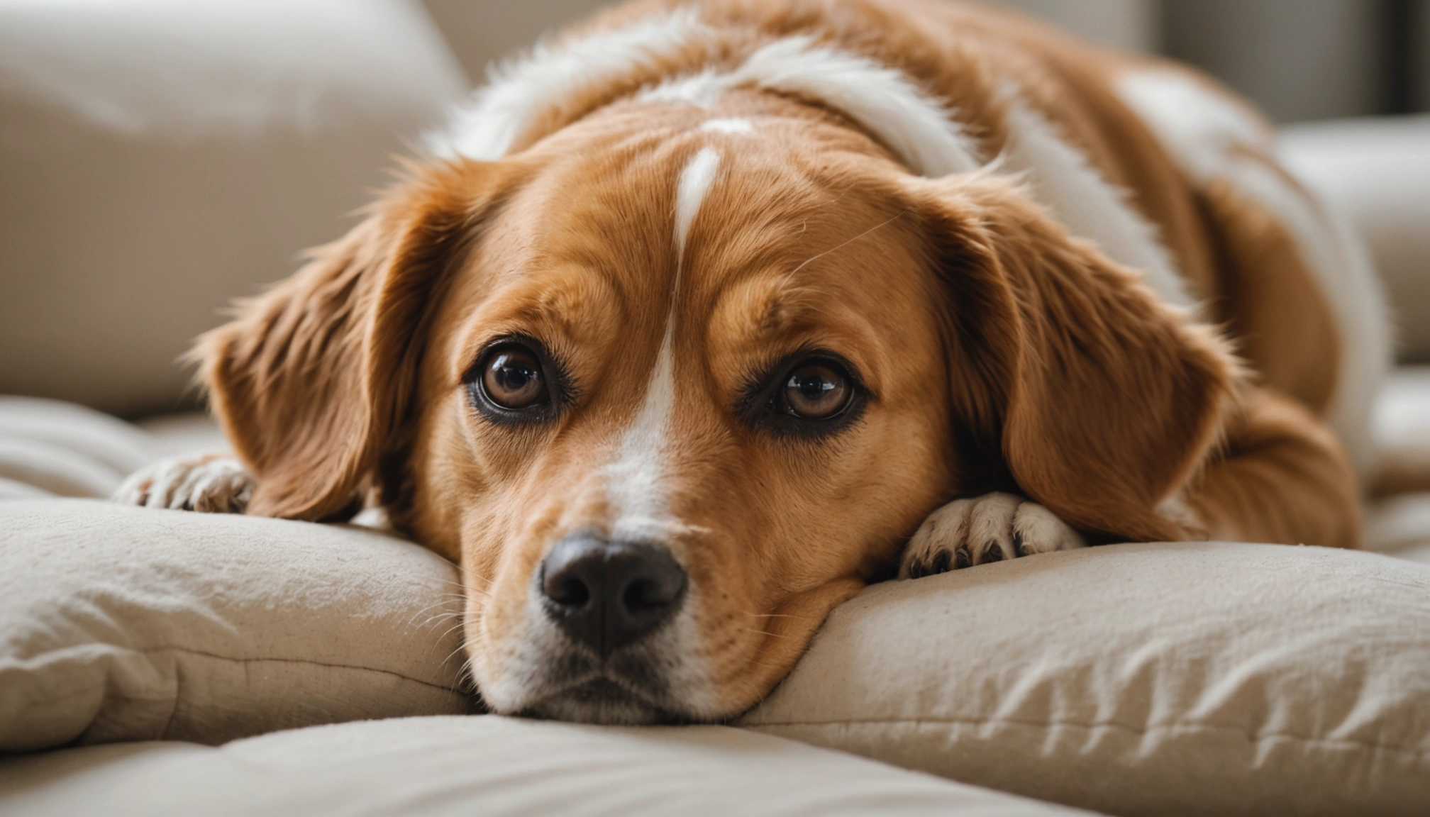 Gros plan d'un chien allongé sur un oreiller moelleux