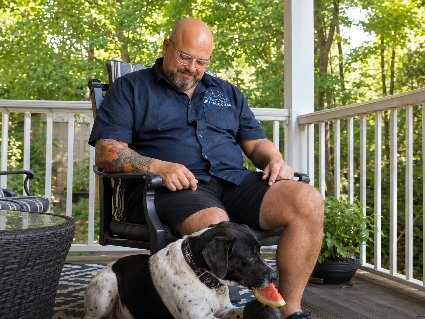 Jon Wells sitting on a shaded deck while Mimi eats a slice of watermelon at his feet