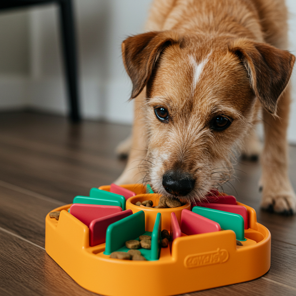Brown dog eating from an orange puzzle feeder with red and green sections on a wooden floor, focused and engaged.
