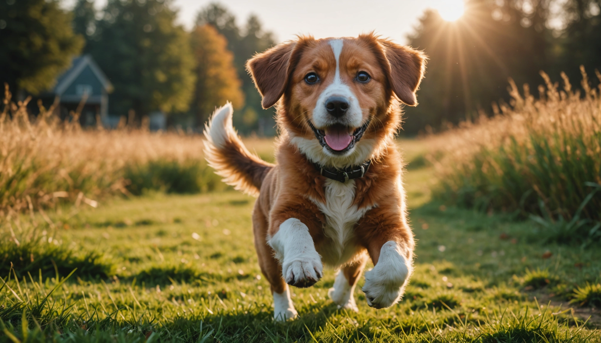 Vue au niveau des yeux d'un chien joyeux avec une queue qui remue